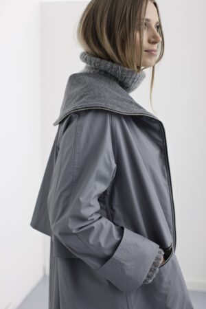 Long light grey raincoat with long zipper