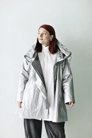 Silver jacket with an A-line silhouette