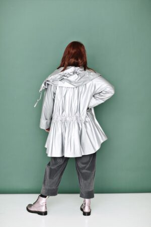Silver jacket with an A-line silhouette
