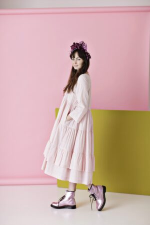 Rose ruffle dress in striped cotton