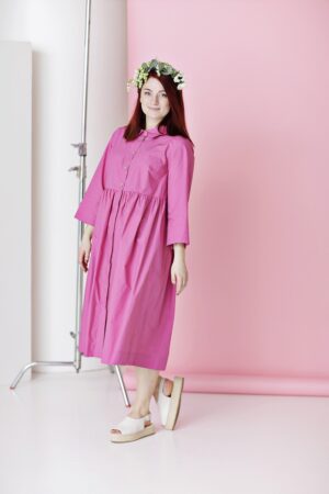 Long pink shirt dress in organic cotton