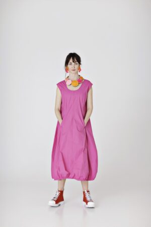 Long pink dress with princess cut in organic cotton