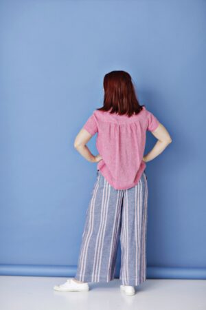 Pink short-sleeved linen blouse with buttons