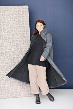 Grey coat with long zipper