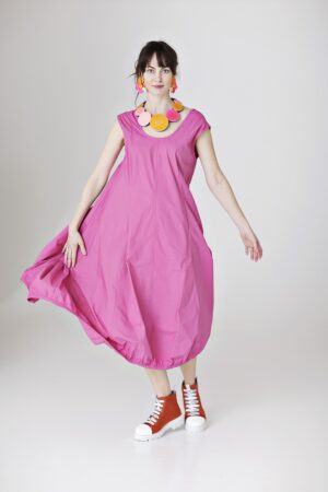 Long pink dress with princess cut in organic cotton