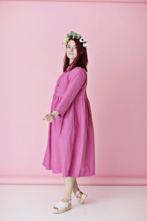 Long pink shirt dress in organic cotton
