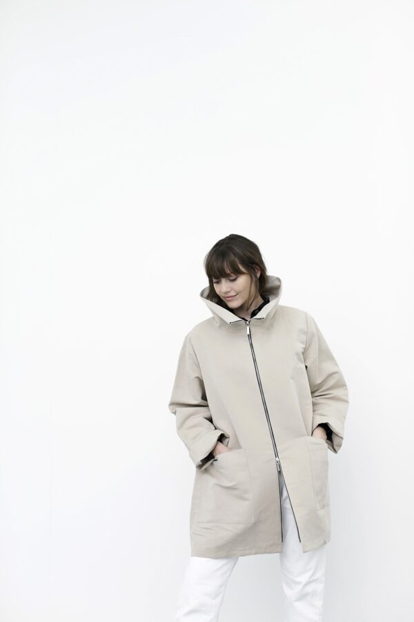 Oversize sand coloured spring coat with sculptural collar