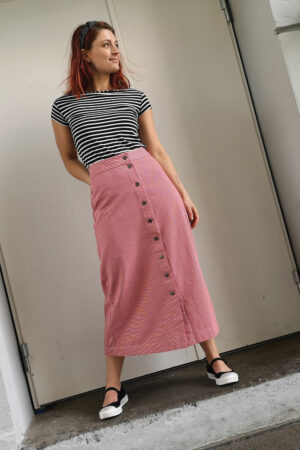 Long red/white striped denim skirt