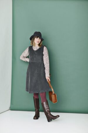 Fitted spencer dress in grey corduroy