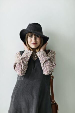 Fitted spencer dress in grey corduroy