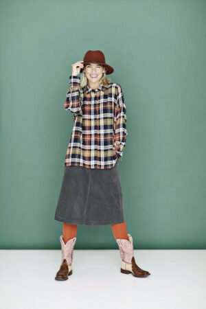 Midi-length grey skirt in fluted corduroy