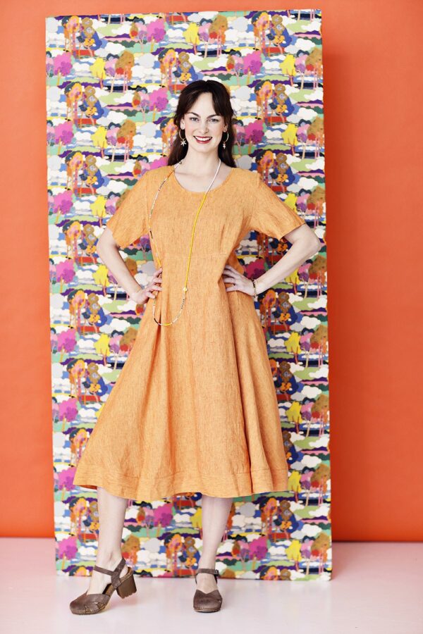 Orange dress with round cut skirt in linen