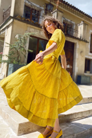 Yellow linen dress with ruffles