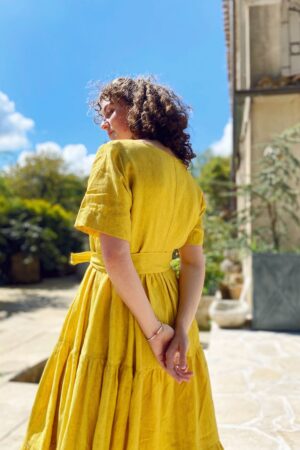 Yellow linen dress with ruffles