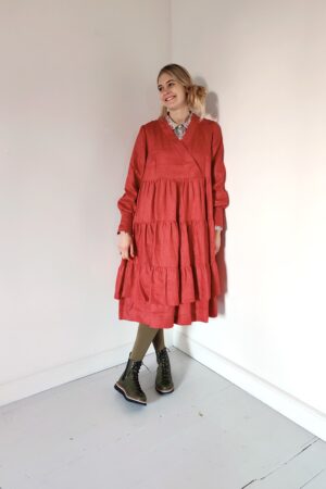 Red ruffle dress in 100% linen