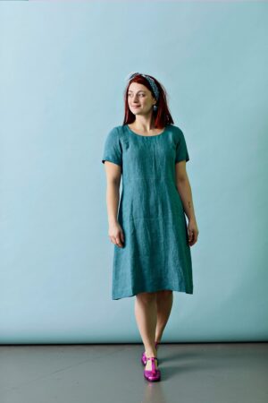 Blue, straight fitted linen dress