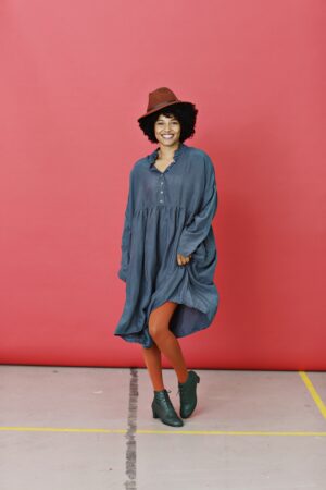 Blue grey silk dress with buttons and small collar from Privatsachen (Copy)