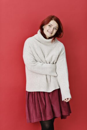 Beige high-necked oversize knit in Lambswool from Gai + Lisva