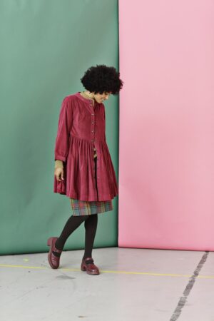 Red corduroy dress with puffed sleeves