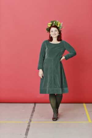 Green dress in wide ribbed corduroy