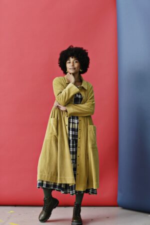 Shirt dress in wide ribbed, yellow corduroy