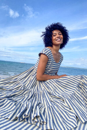 Blue striped ruffle dress