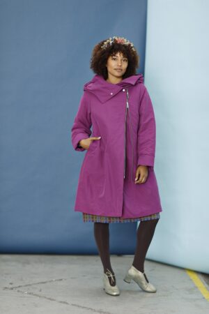 Dark pink, slim fit winter coat with a hood
