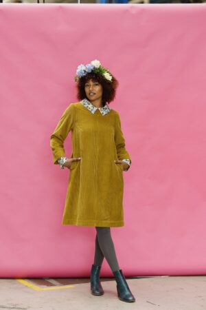 mc907c-curry yellow corduroy dress-mcverdi-gul kjole i fløjl