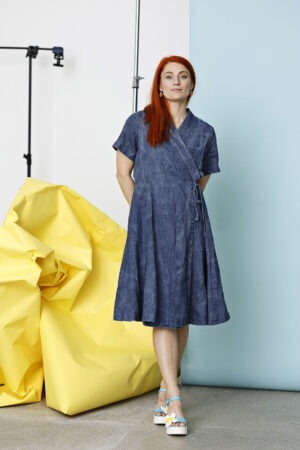 Blue wrap dress in printed linen