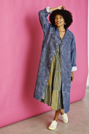 Blue long coat in printed washed linen